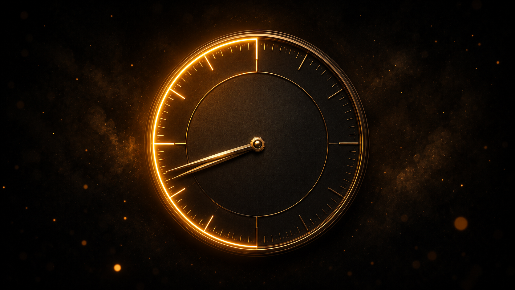 A glowing golden analog clock face on a dark background, with one third of the dial lit in amber, symbolizing the eight-hour workday.