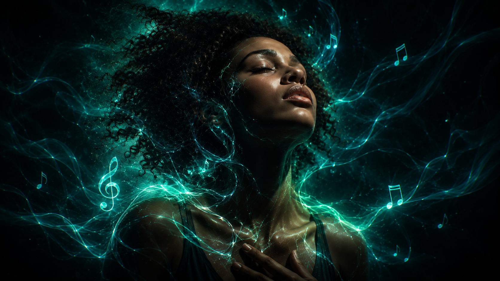 A woman with eyes closed and a hand on her chest, lost in emotion, surrounded by flowing waves of green and teal light with a few subtle glowing musical notes and a treble clef, symbolizing music felt deeply within.