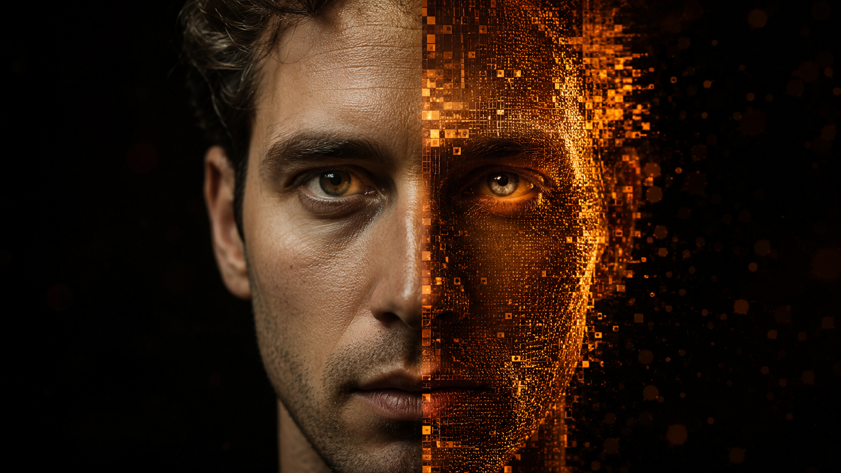 A human face split down the middle: one half a realistic photograph of skin, the other half reconstructed from glowing orange digital pixels, symbolizing the challenge of telling real images from AI-generated ones.