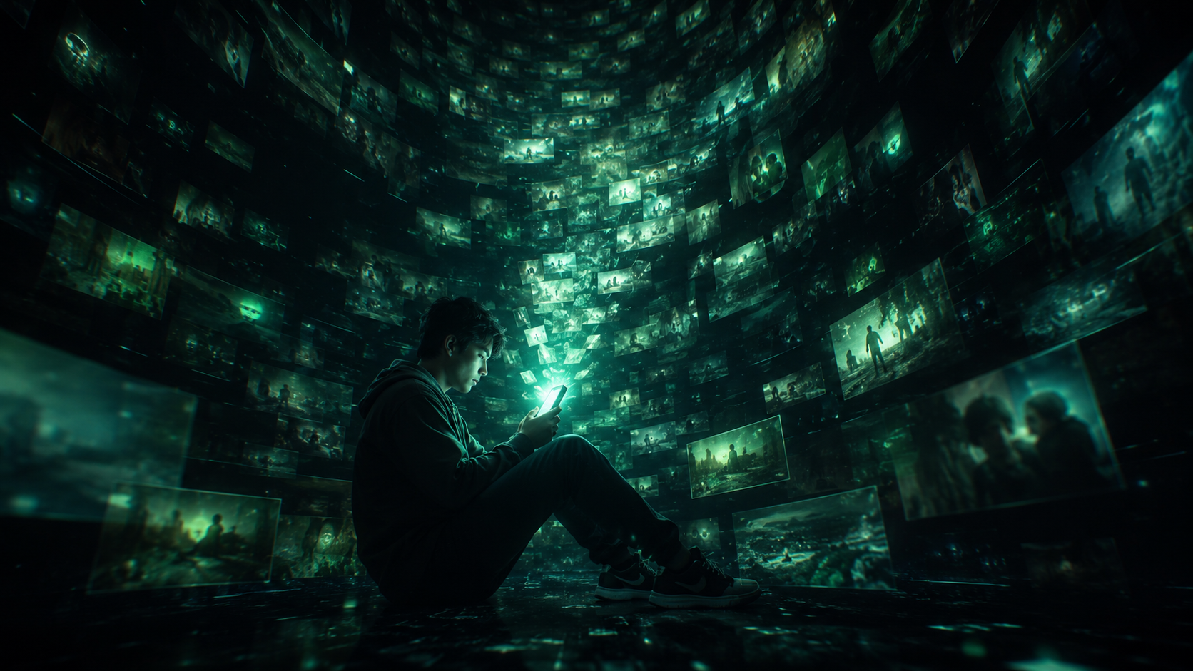 A person in the dark holding a smartphone, dwarfed and surrounded by an endless spiral of glowing green screens flowing from it with no end, symbolizing an infinite feed designed never to let you stop.