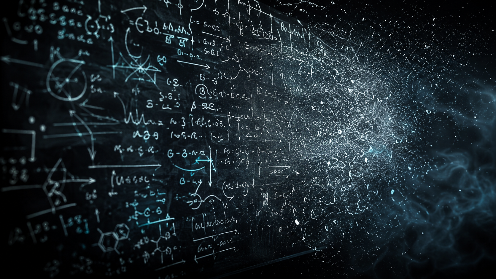 A dark school chalkboard covered in faint formulas and diagrams, with part of the writing dissolving into chalk dust and light, symbolizing school knowledge that is memorized for a test and then forgotten.
