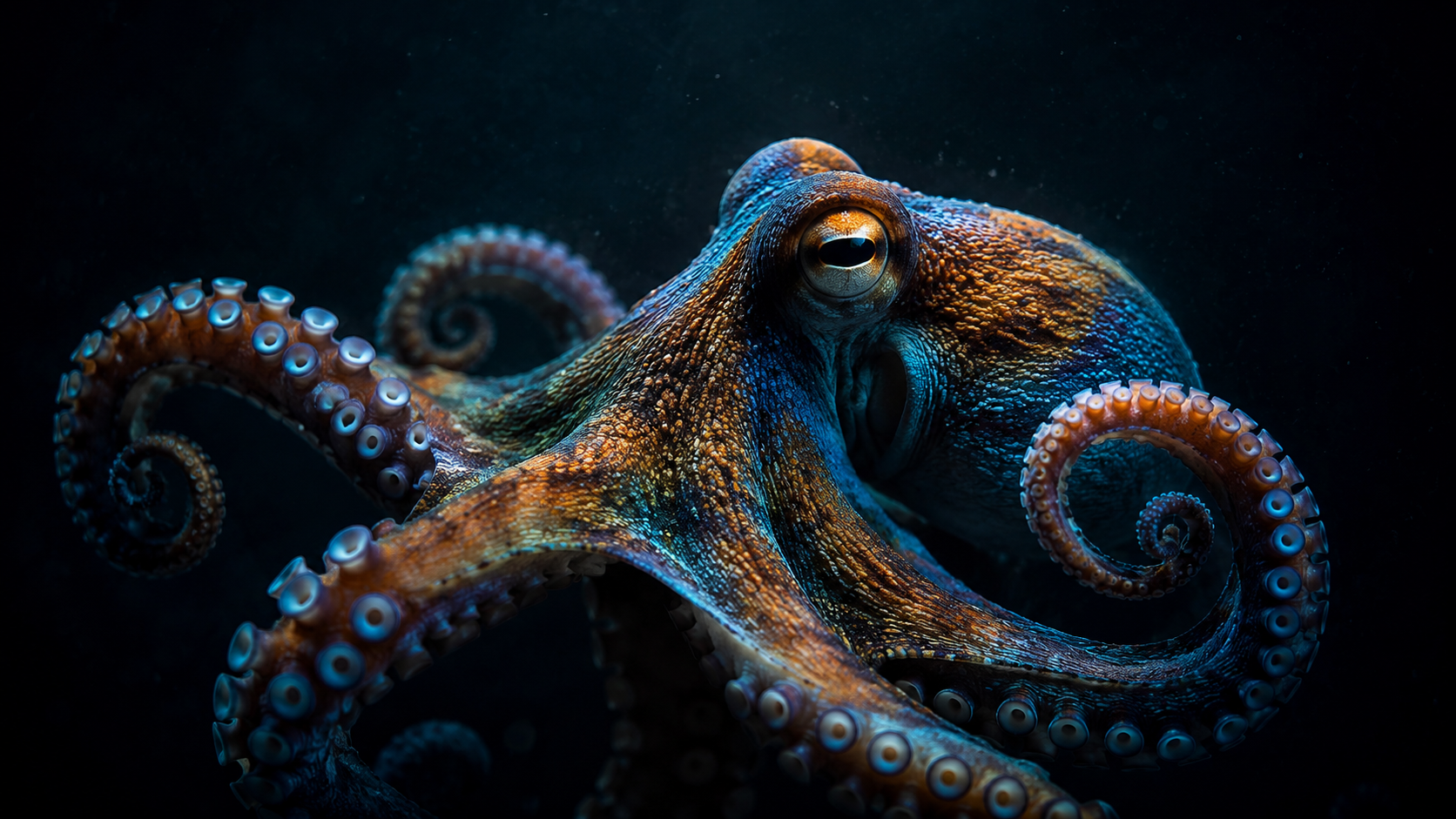 A single octopus emerging from darkness against a black background, with iridescent blue and amber tones and one striking eye catching the light, hinting at its strange and fascinating biology.