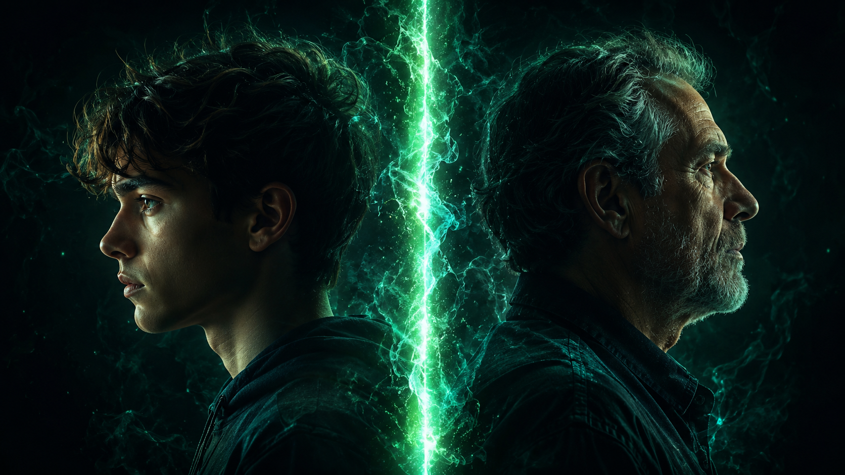A young person and an older person shown in profile back to back, facing opposite directions and separated by a glowing vertical divide of green light, symbolizing the gap and mutual misunderstanding between generations.
