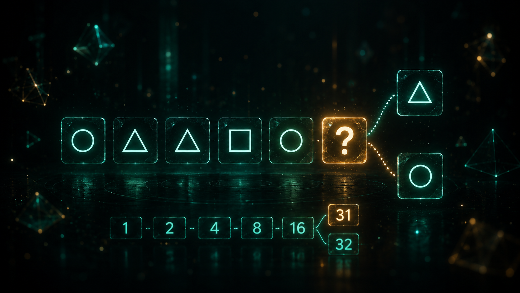 Una secuencia de símbolos geométricos iluminados conduce a un signo de interrogación y se divide en varias respuestas posibles, incluida una secuencia numérica que puede continuar con 31 o 32, representando la ambigüedad de los patrones.