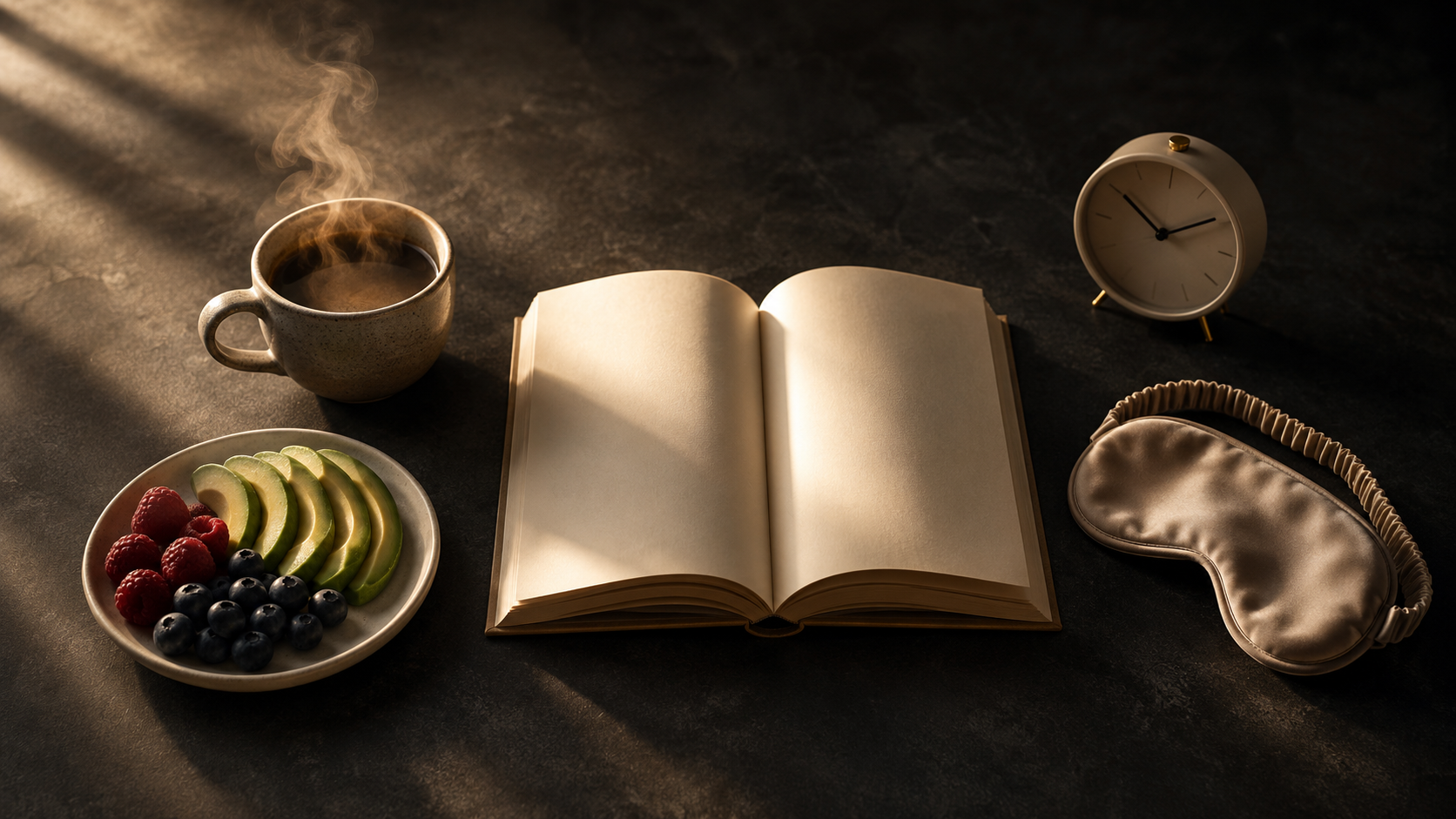 A still life of healthy daily habits in warm morning light: a steaming cup of coffee, a plate of fresh fruit, an open book, a sleep mask and an alarm clock on a dark surface.