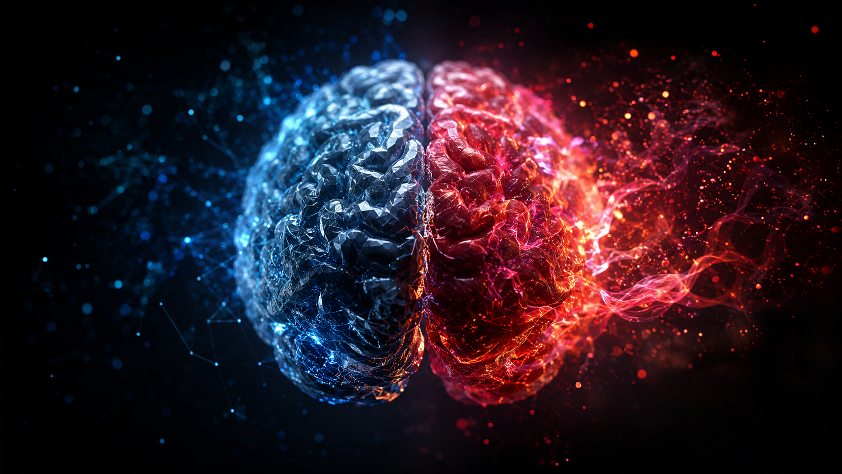 A human brain split in two against a black background: the left half in cool blue crystalline light representing logic, the right half glowing red and dissolving into fiery particles representing emotion.