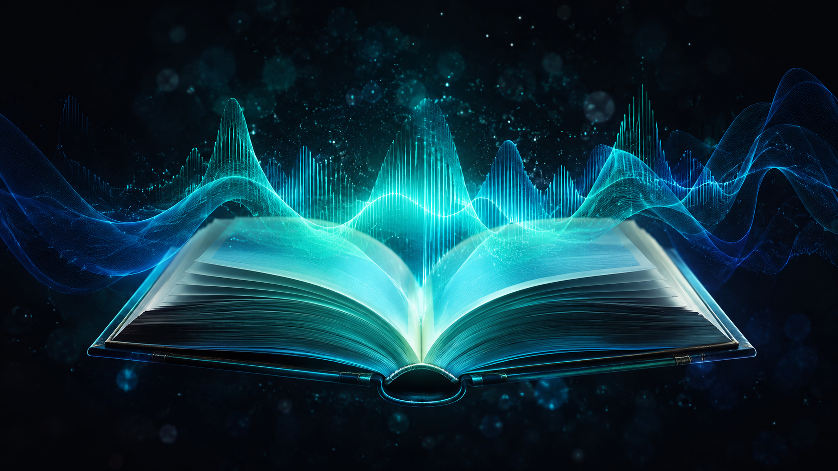 An open book floating in dark space with glowing teal sound waves rising from its pages, symbolizing the fusion of reading and audiobooks.