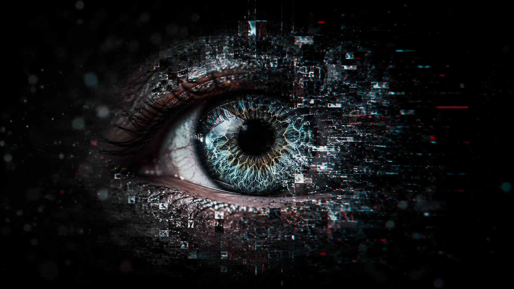 An extreme close-up of a human eye dissolving into digital glitch and pixel fragments against a black background, symbolizing how the brain constructs and edits reality.