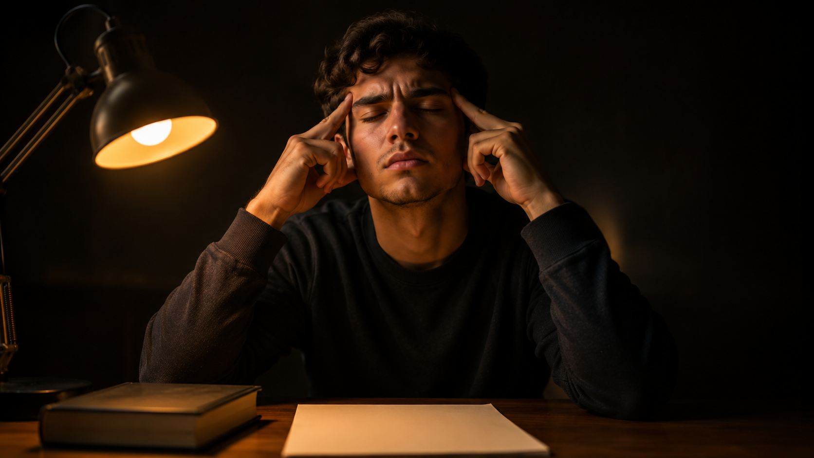 A young student at a desk under warm lamplight, eyes closed and fingertips on their temples, concentrating to recall something from memory, with a closed book and a blank page in front of them.