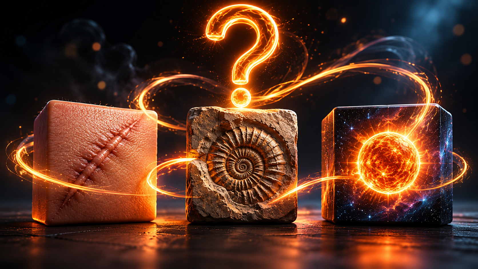 Three distinct objects shown as glowing cubes — a scar, a fossil and a star — wrapped by a thread of light beneath a floating question mark, symbolizing the challenge of finding the hidden connection between them.