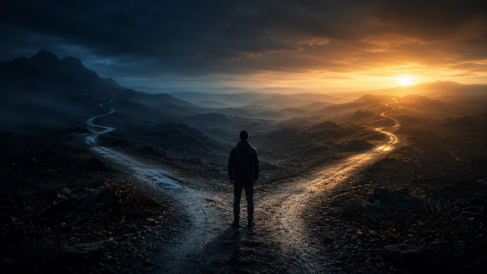 A lone person seen from behind standing where a path splits in two across a vast landscape at dusk, one road leading into cool blue shadow and the other toward a warm golden sunrise, symbolizing life-defining decisions that shape your financial future.