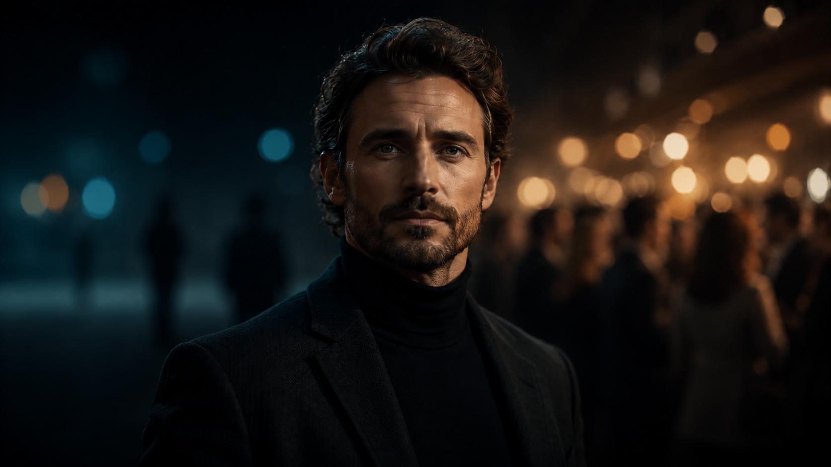 A calm, composed man in sharp focus standing at the boundary between two blurred worlds: a quiet, empty, cool-toned space on one side and a warm, lively social crowd on the other, symbolizing the contrast between introversion and extroversion.
