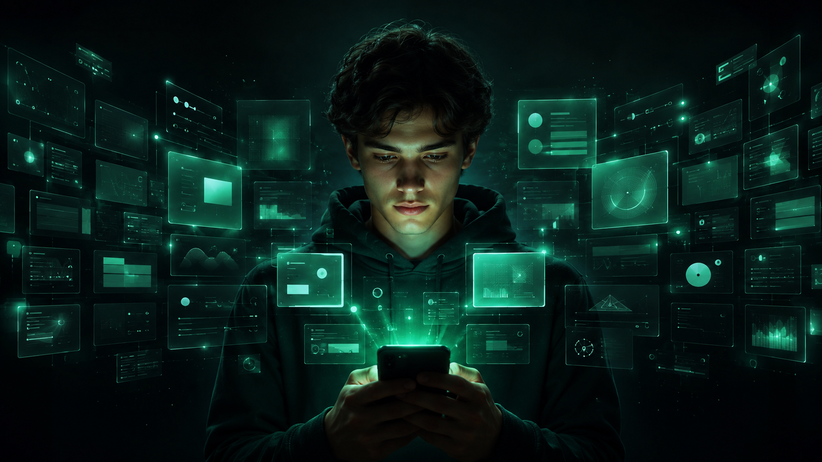 A young person in a dark room lit by their smartphone, surrounded by a grid of glowing green data panels and interface cards floating in the air, symbolizing how AI systems sort and filter the information that reaches them.